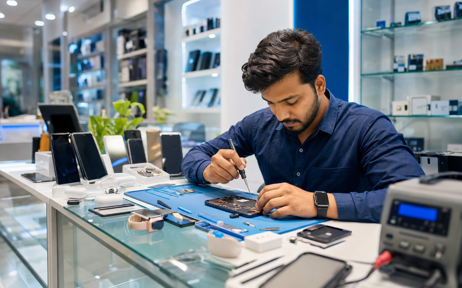 Technician repairing a smartphone at a clean electronics repair counter
